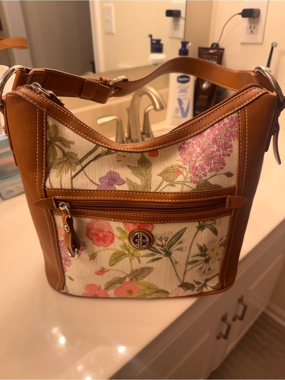 Gianni Bini Floral Canvas Shoulder Bag in Brown and Pink